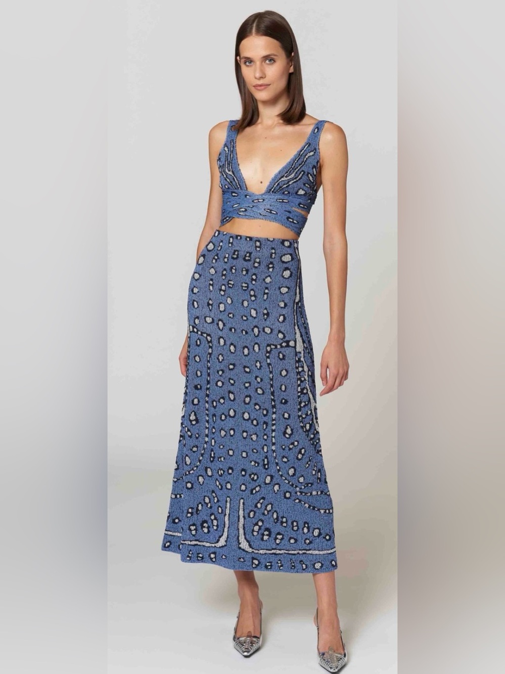 Altuzarra Women’s Davion Knit Jacquard Wrap Crop Top Bra Shirt Medium Blue
